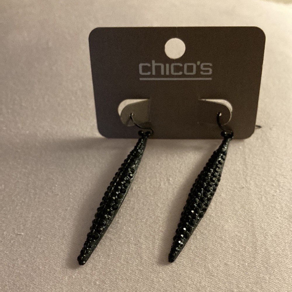 NWOT - Chico’s Island Metal Long Dangle Pierced Earrings Black Pave Crystals